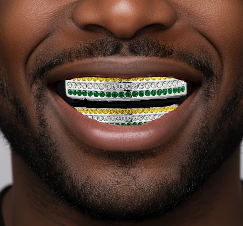 Team Colors Silver 6 Rows Iced CZ Mouth Teeth Grillz Upper Lower Set Green Yellow