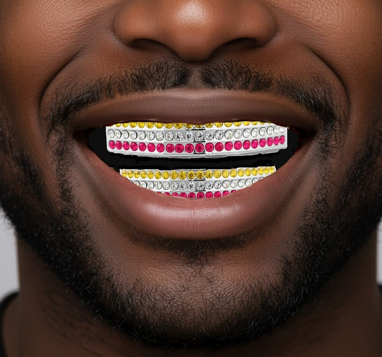 Team Colors Silver 6 Rows Iced CZ Mouth Teeth Grillz Upper Lower Set Pink Yellow