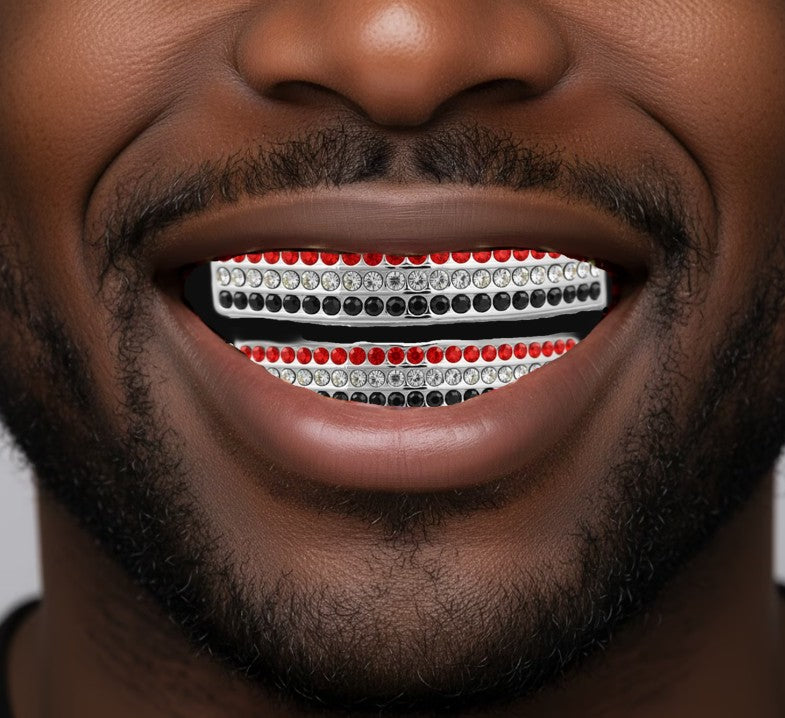 Team Colors Silver 6 Rows Iced CZ Mouth Teeth Grillz Upper Lower Set Red Black