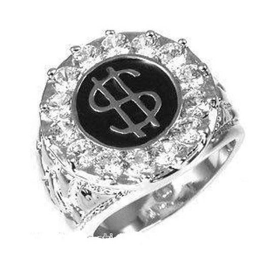 Mens Silver Plated Hip Hop Iced CZ Dollar Sign Ring One Size Fits Most