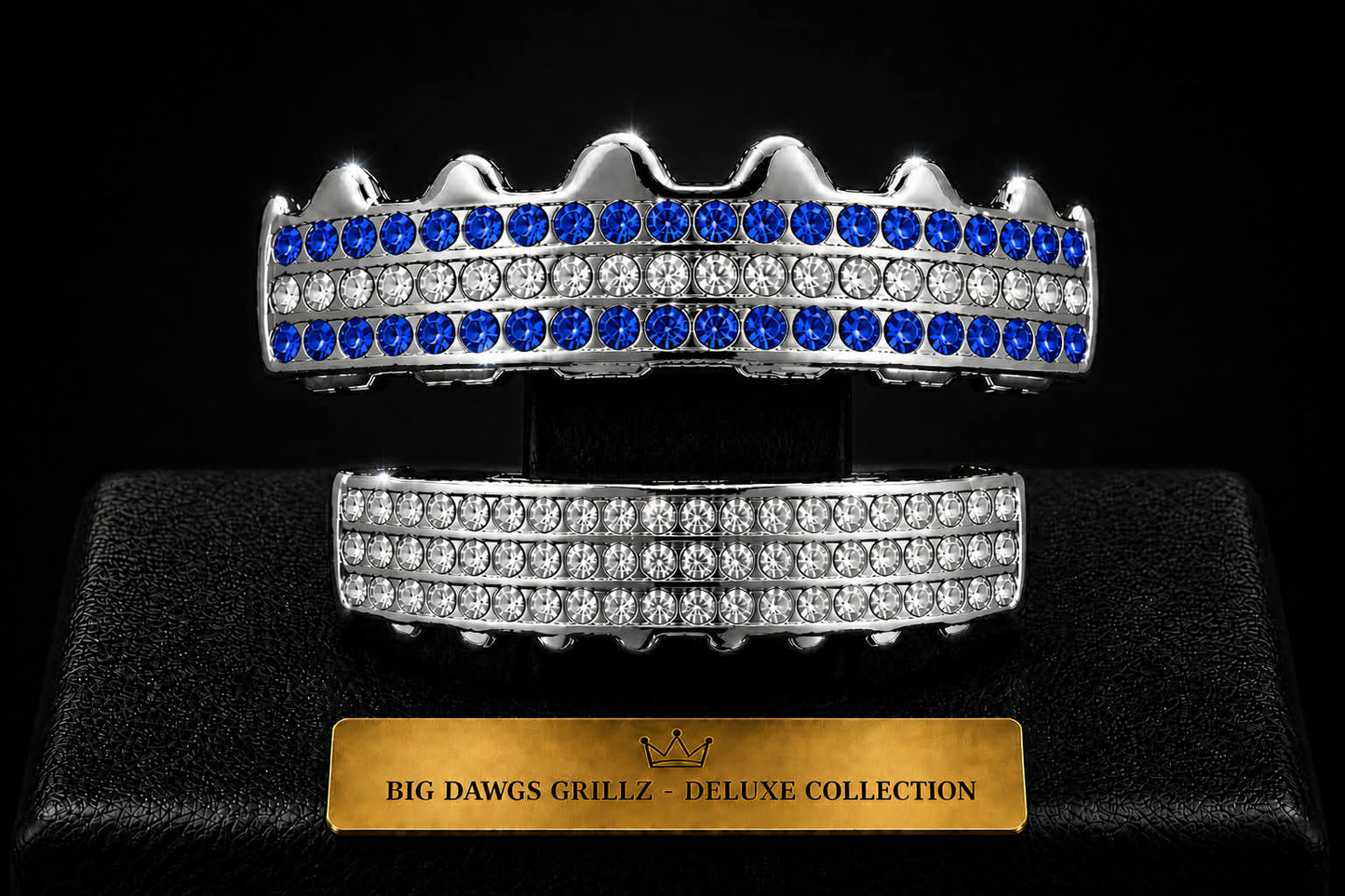 Silver Plated Upper & Lower Grillz Set Blue Iced Rows