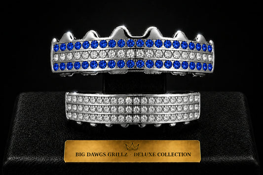 Silver Plated Upper & Lower Grillz Set Blue Iced Rows