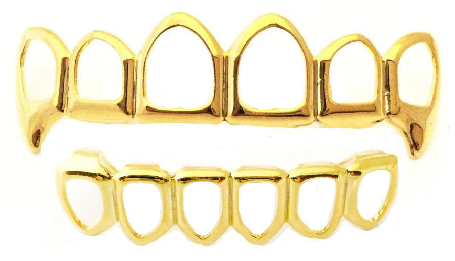 14K Gold Plated Open Face Fang Grillz Set