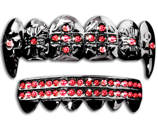 Rhodium Plated Upper & Lower Grillz Set Black Fangs w/ Red CZ Stones