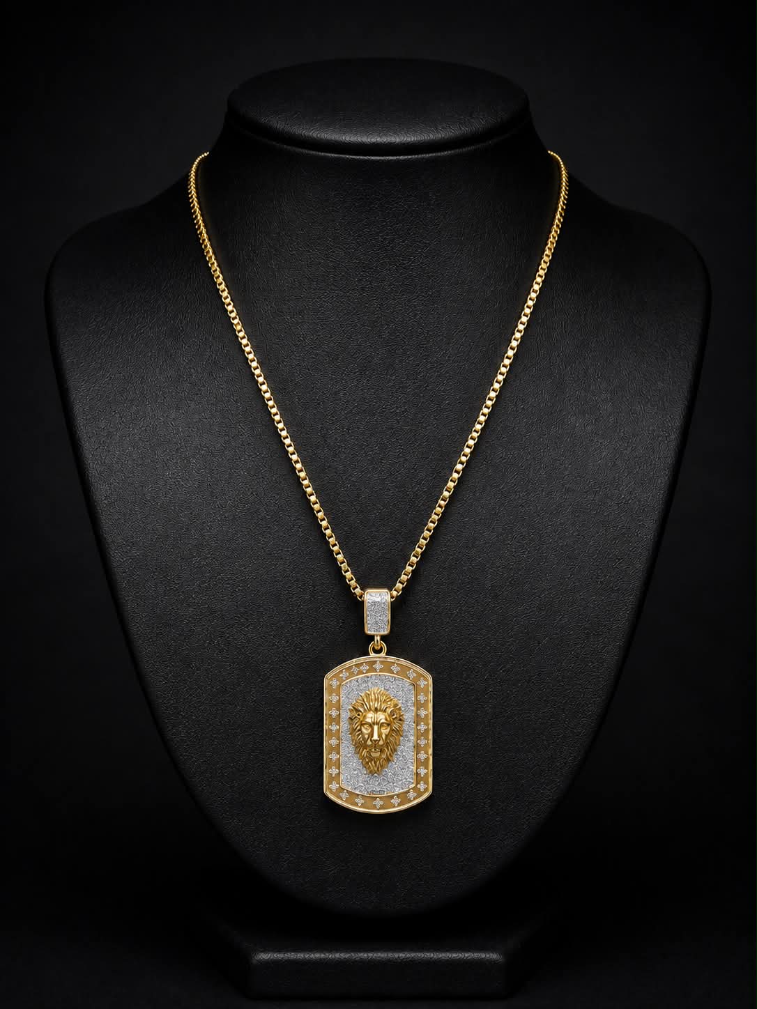 Iced 14K Gold Plated Lion Dog Tag Pendant with 30" Box Chain Necklace