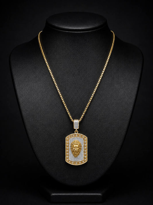 Iced 14K Gold Plated Lion Dog Tag Pendant with 30" Box Chain Necklace