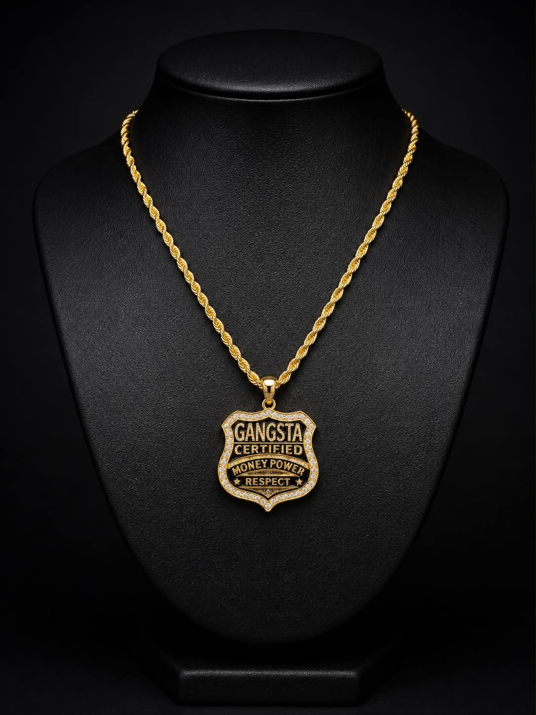Iced 14K Gold Plated Gangsta Money Respect Power Pendant with 30" Rope Chain Necklace