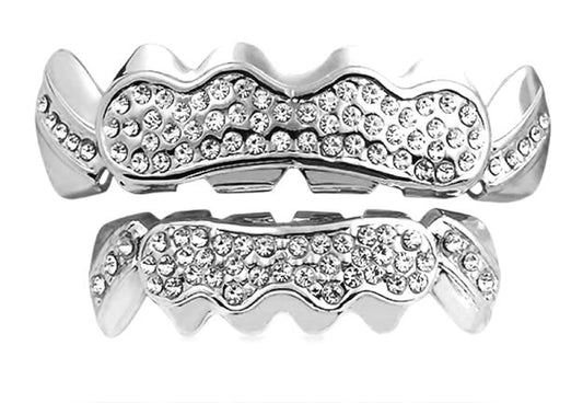 Silver Plated Upper & Lower Grillz Set Iced T-Pain